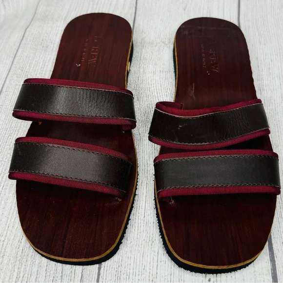 J.Crew Brown‎ Wood Leather 2 Strap Sandals Size 6 - Picture 1 of 6